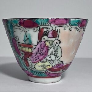 Vintage ROSE MEDALLION Teacup / FAMILY SCENE & Flowers / 2 INCHES / Unmarked